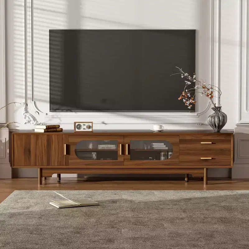 Meuble TV 198 cm, compatible avec les téléviseurs jusqu'à 85 pouces, console moderne avec portes en verre encastrées, 2 tiroirs, gestion des câbles, pieds en bois, pour salon