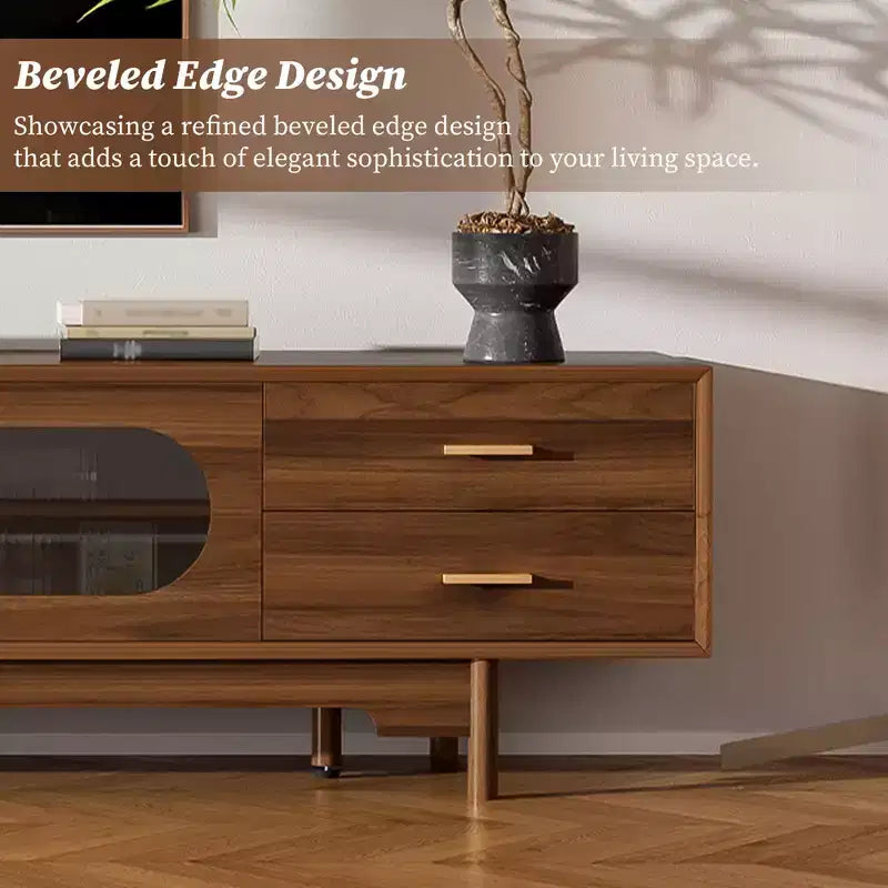 Meuble TV 198 cm, compatible avec les téléviseurs jusqu'à 85 pouces, console moderne avec portes en verre encastrées, 2 tiroirs, gestion des câbles, pieds en bois, pour salon