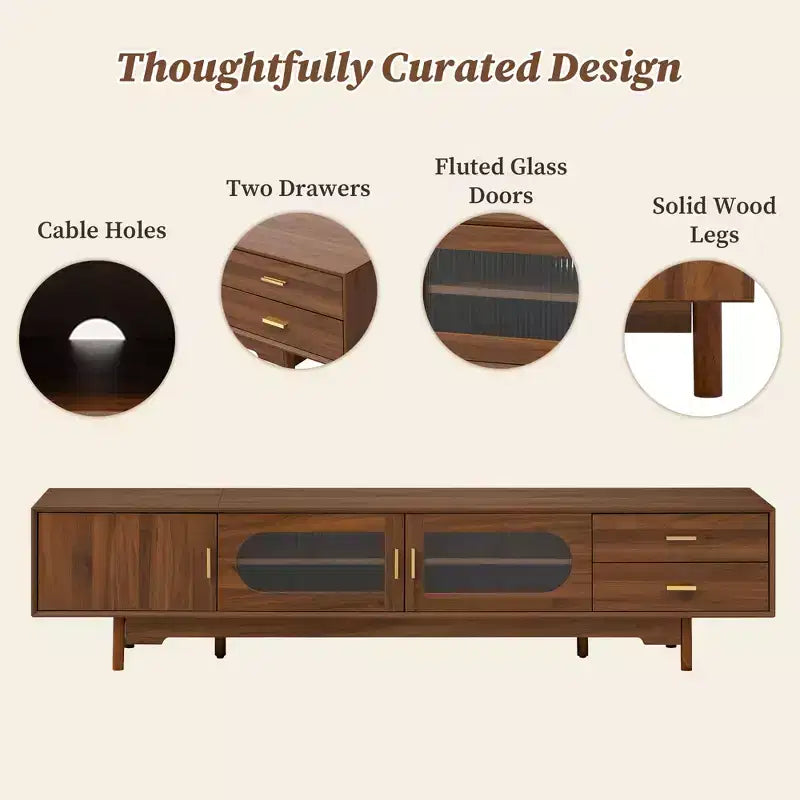 Meuble TV 198 cm, compatible avec les téléviseurs jusqu'à 85 pouces, console moderne avec portes en verre encastrées, 2 tiroirs, gestion des câbles, pieds en bois, pour salon