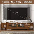 Meuble TV 198 cm, compatible avec les téléviseurs jusqu'à 85 pouces, console moderne avec portes en verre encastrées, 2 tiroirs, gestion des câbles, pieds en bois, pour salon