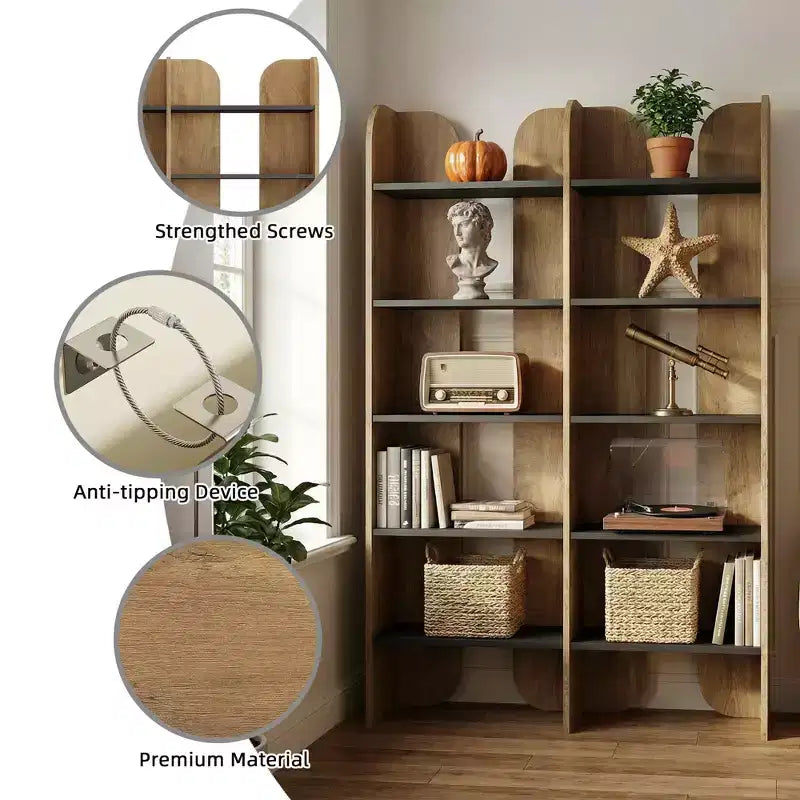 MAYEERTY Étagère de style ferme à 5 niveaux, bibliothèque à double largeur de 180 cm de hauteur avec rangement ouvert