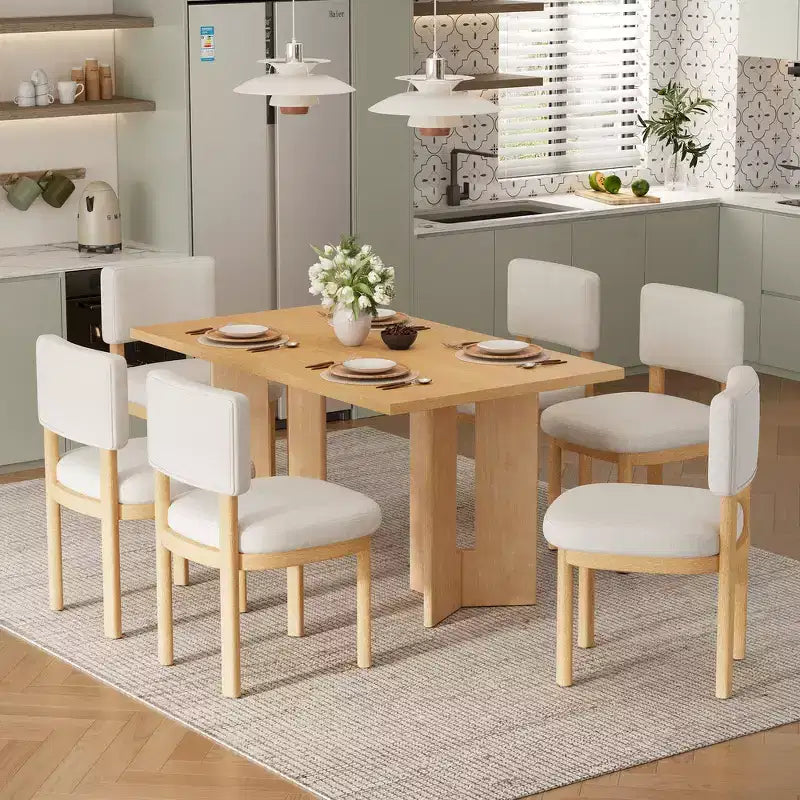 Ensemble de salle à manger Whisen Farmhouse en bois pour 6 personnes avec 6 chaises rembourrées, table de salle à manger rectangulaire de 152 cm avec pieds de table découpés