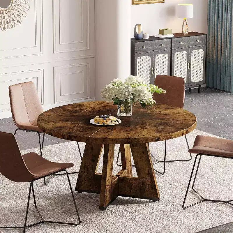 Lantine 47-Inch Round Dining Table for 4, Farmhouse Circle Kitchen Table with Wooden Pedestal Base for Kitchen, Dining Room, Living Room, Rustic Brown