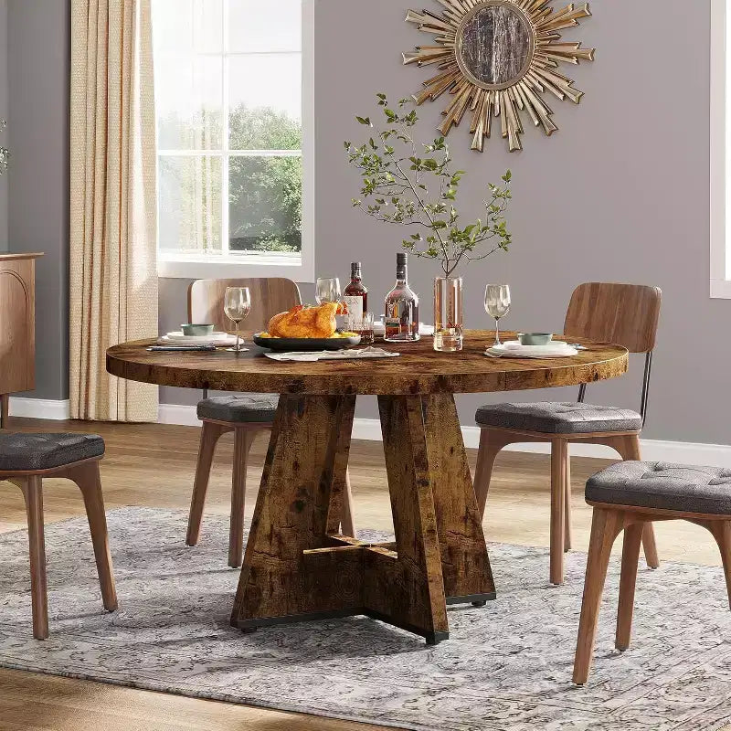 Table à manger ronde Lantine de 47 pouces pour 4 personnes, table de cuisine circulaire de style rustique avec base piédestal en bois pour cuisine, salle à manger, salon, marron rustique