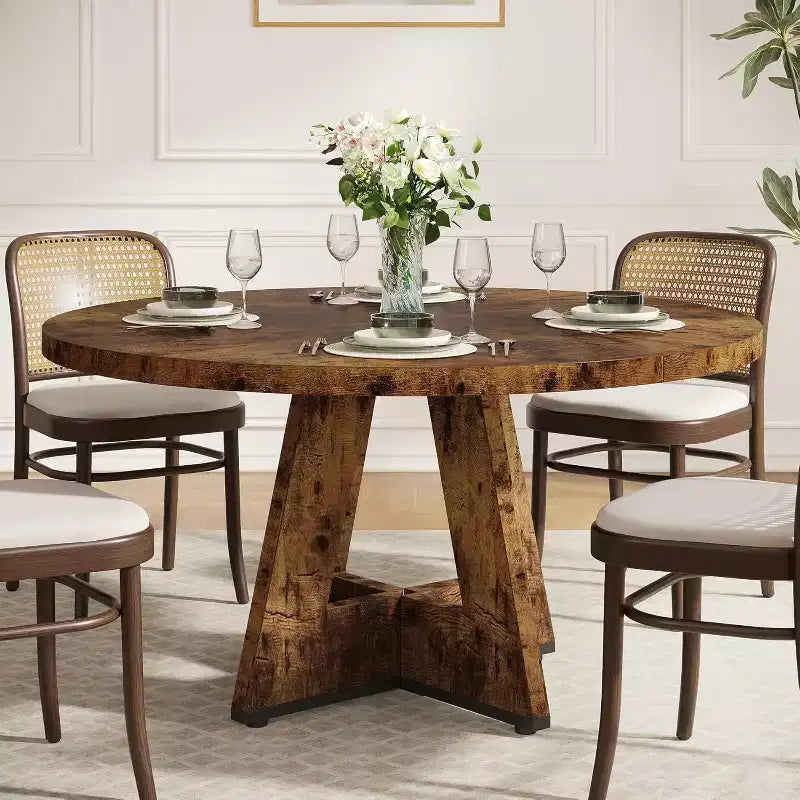 Table à manger ronde Lantine de 47 pouces pour 4 personnes, table de cuisine circulaire de style rustique avec base piédestal en bois pour cuisine, salle à manger, salon, marron rustique
