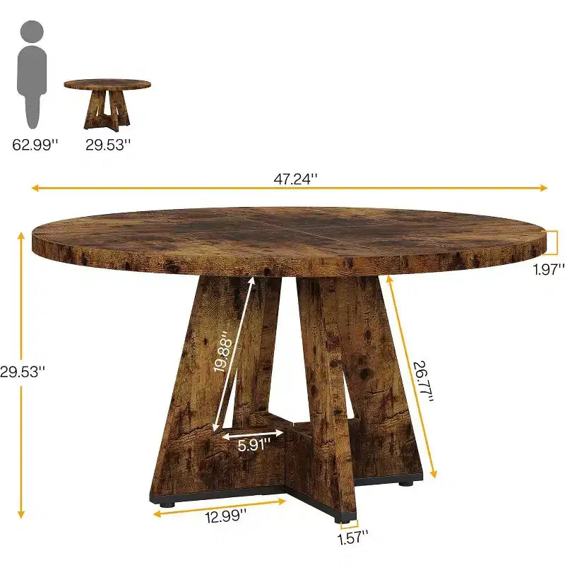 Table à manger ronde Lantine de 47 pouces pour 4 personnes, table de cuisine circulaire de style rustique avec base piédestal en bois pour cuisine, salle à manger, salon, marron rustique