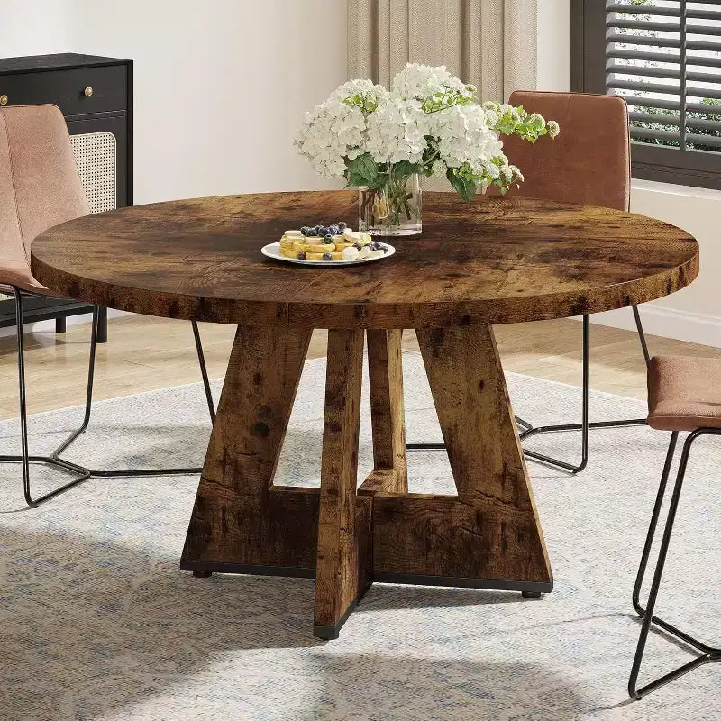 Table à manger ronde Lantine de 47 pouces pour 4 personnes, table de cuisine circulaire de style rustique avec base piédestal en bois pour cuisine, salle à manger, salon, marron rustique