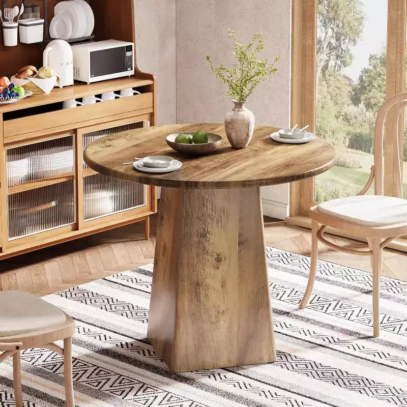 Table de salle à manger ronde Lantine de 31,5 pouces pour 2-4 personnes, petite table de cuisine de style campagnard avec base carrée pour salle à manger et salon, marron rustique