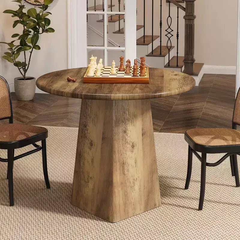 Table de salle à manger ronde Lantine de 31,5 pouces pour 2-4 personnes, petite table de cuisine de style campagnard avec base carrée pour salle à manger et salon, marron rustique