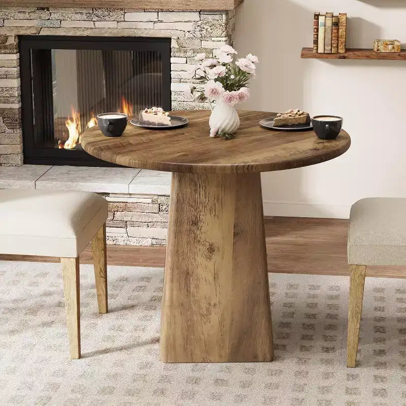 Table de salle à manger ronde Lantine de 31,5 pouces pour 2-4 personnes, petite table de cuisine de style campagnard avec base carrée pour salle à manger et salon, marron rustique