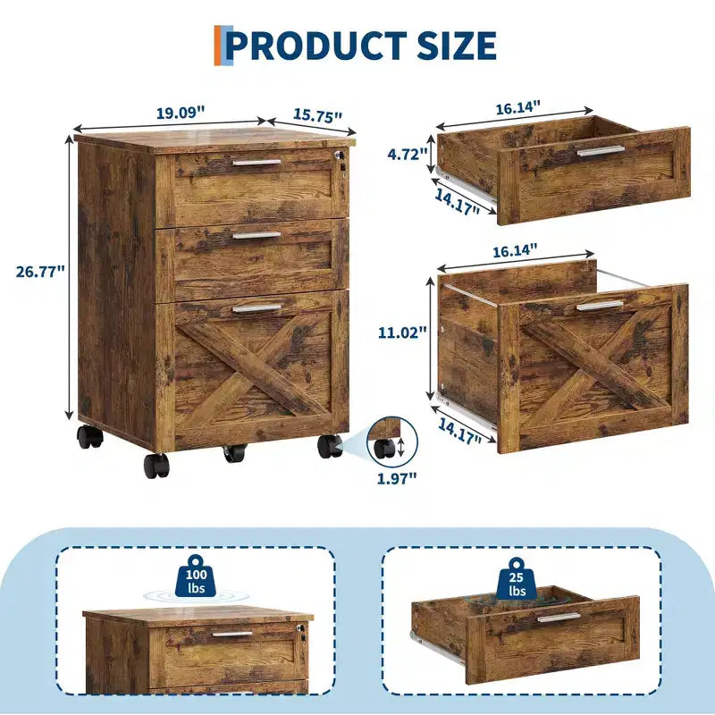 Acekool Caisson de bureau mobile 3 tiroirs avec serrure, meuble de classement sous bureau, organisateur de rangement en bois