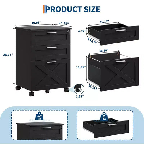 Acekool Caisson de bureau mobile 3 tiroirs avec serrure, meuble de classement sous bureau, organisateur de rangement en bois