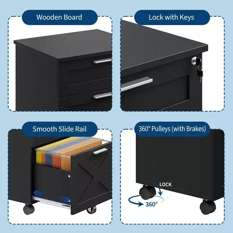 Acekool Caisson de bureau mobile 3 tiroirs avec serrure, meuble de classement sous bureau, organisateur de rangement en bois