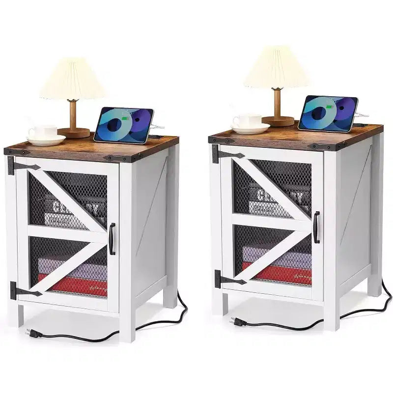 2-Piece Farmhouse Nightstand Set, 18 Barn Door End Tables with Storage, Rustic Wood Sofa Side Tables for Bedroom or Living Room, White & Brown