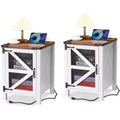 2-Piece Farmhouse Nightstand Set, 18 Barn Door End Tables with Storage, Rustic Wood Sofa Side Tables for Bedroom or Living Room, White & Brown