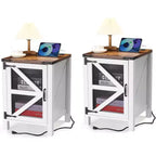 2-Piece Farmhouse Nightstand Set, 18 Barn Door End Tables with Storage, Rustic Wood Sofa Side Tables for Bedroom or Living Room, White & Brown