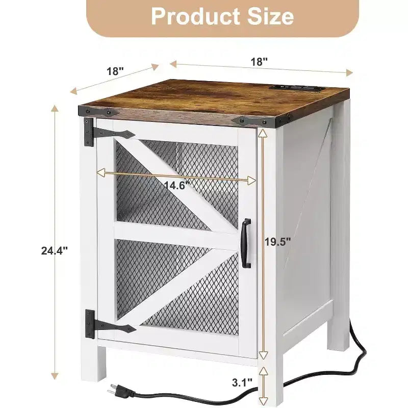 Ensemble de 2 tables de chevet de ferme, tables d'appoint de 45 cm avec portes de grange et rangement, tables d'appoint rustiques en bois pour chambre ou salon, blanc et marron