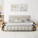 Lit capitonné Queen Size MAYEERTY avec tête de lit en tissu chenille, cadre de lit solide, tiroir de rangement pour chambre à coucher, beige