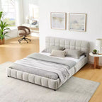 Lit capitonné Queen Size MAYEERTY avec tête de lit en tissu chenille, cadre de lit solide, tiroir de rangement pour chambre à coucher, beige