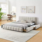 Lit capitonné Queen Size MAYEERTY avec tête de lit en tissu chenille, cadre de lit solide, tiroir de rangement pour chambre à coucher, beige