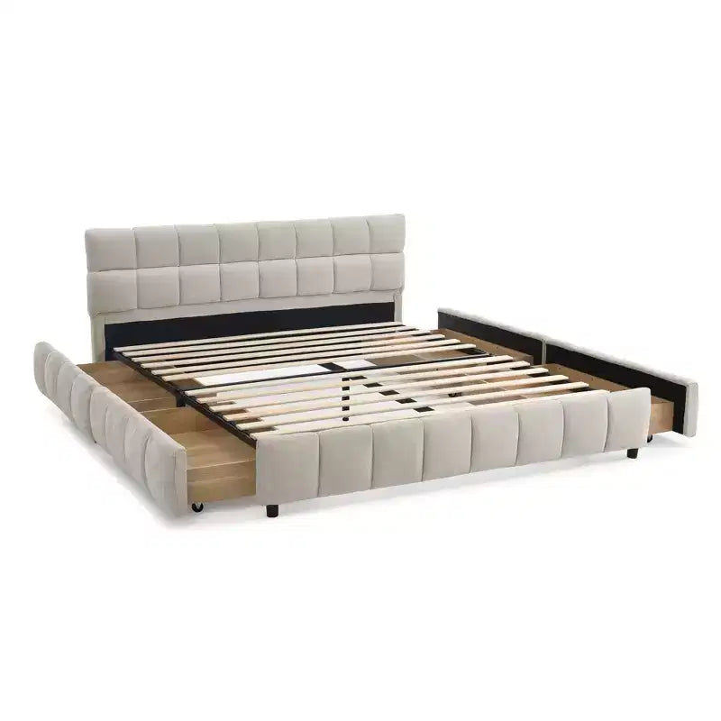 Lit capitonné Queen Size MAYEERTY avec tête de lit en tissu chenille, cadre de lit solide, tiroir de rangement pour chambre à coucher, beige