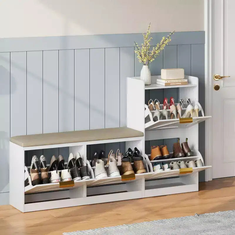 Meuble à chaussures de ferme avec banc et 4 tiroirs basculants, Armoire à chaussures avec banc et coussin confortable, Organisateur de chaussures d'entrée avec rangement