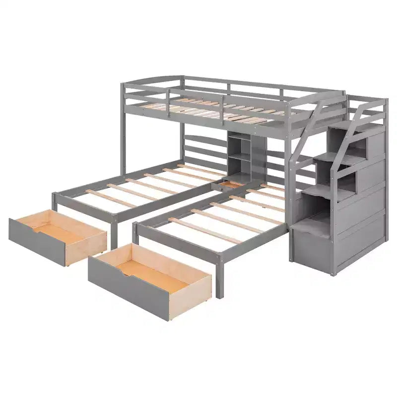 Lit superposé triple Whisen (deux lits jumeaux et un lit jumeau), avec tiroirs, escalier de rangement et étagères intégrées