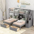 Whisen Twin over Twin & Twin Bunk Bed, Triple Bunk Bed with Drawers, Storage Staircase and Built-in Shelves