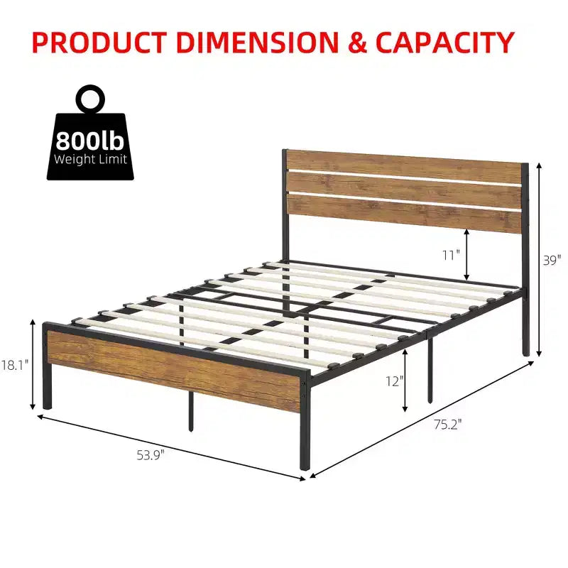 Cadre de lit double avec tête de lit en bois, lattes métalliques et rangement sous le lit. Cadre de lit plateforme, pas besoin de sommier, support robuste pour chambre à coucher.