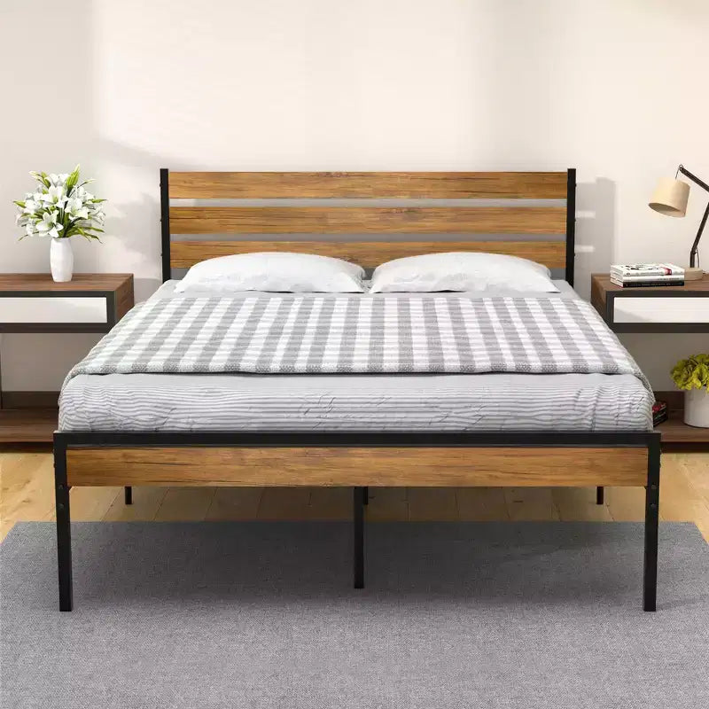 Cadre de lit double avec tête de lit en bois, lattes métalliques et rangement sous le lit. Cadre de lit plateforme, pas besoin de sommier, support robuste pour chambre à coucher.