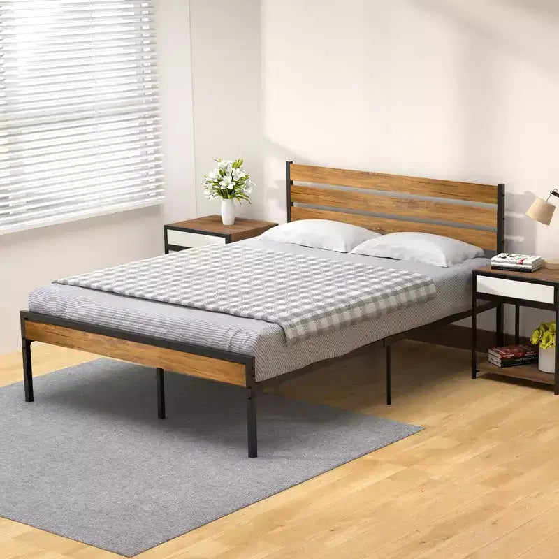 Cadre de lit double avec tête de lit en bois, lattes métalliques et rangement sous le lit. Cadre de lit plateforme, pas besoin de sommier, support robuste pour chambre à coucher.