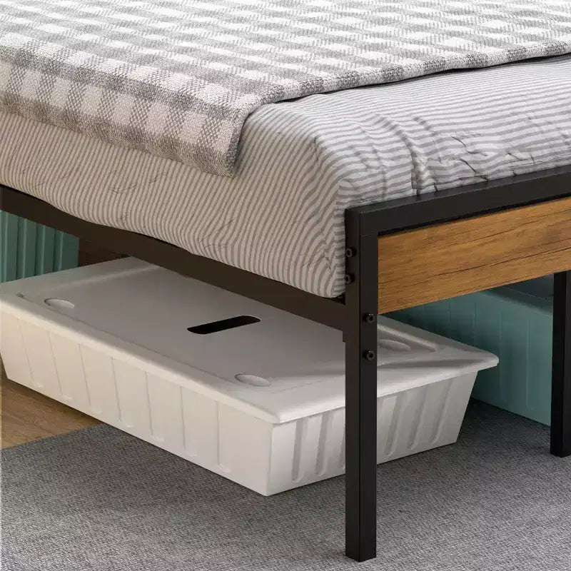 Cadre de lit double avec tête de lit en bois, lattes métalliques et rangement sous le lit. Cadre de lit plateforme, pas besoin de sommier, support robuste pour chambre à coucher.