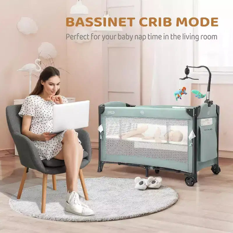 JOYMOR Lit bébé cododo 3 en 1, Cododo avec matelas et drap, Convertible en berceau, Parc, Lit bébé de voyage pliable