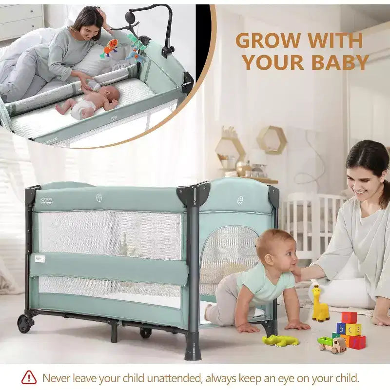 JOYMOR Lit bébé cododo 3 en 1, Cododo avec matelas et drap, Convertible en berceau, Parc, Lit bébé de voyage pliable