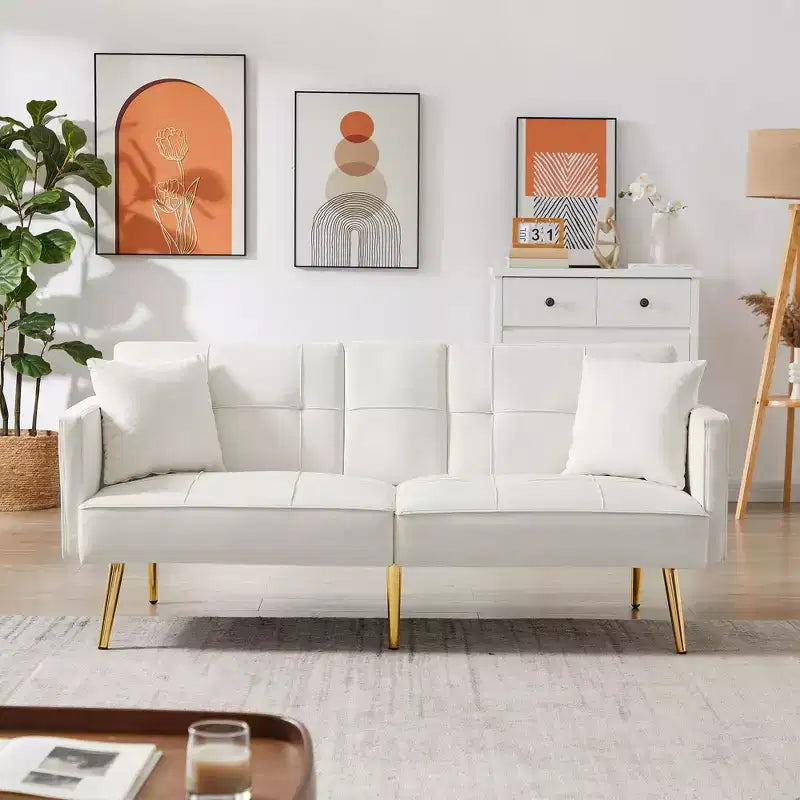 TUYOHW 69.2 Inch Velvet Futon Sofa Bed with 2 Hidden Cup Holders and 2 Pillows for Living Room,Office,Apartment,White