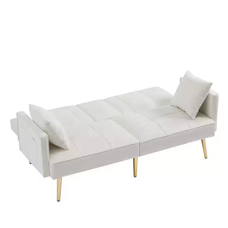 TUYOHW Canapé-lit futon en velours de 175,8 cm avec 2 porte-gobelets cachés et 2 oreillers pour salon, bureau, appartement, blanc