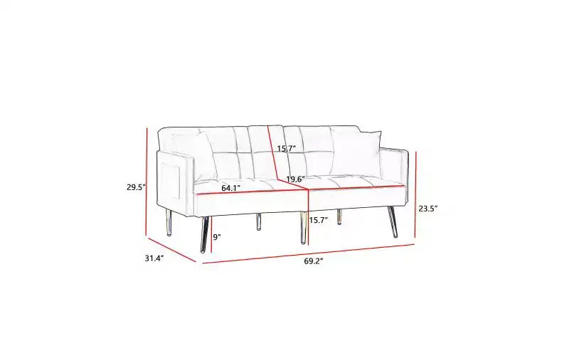 TUYOHW Canapé-lit futon en velours de 175,8 cm avec 2 porte-gobelets cachés et 2 oreillers pour salon, bureau, appartement, blanc