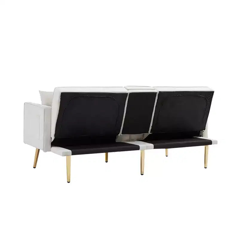 TUYOHW Canapé-lit futon en velours de 175,8 cm avec 2 porte-gobelets cachés et 2 oreillers pour salon, bureau, appartement, blanc
