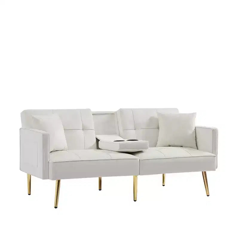 TUYOHW Canapé-lit futon en velours de 175,8 cm avec 2 porte-gobelets cachés et 2 oreillers pour salon, bureau, appartement, blanc