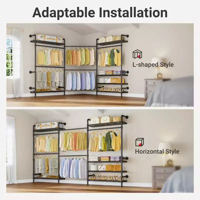 Portant mural Timate F3 Plus, portant à vêtements industriel avec tuyau, portant à vêtements robuste avec étagères et tringles extensibles
