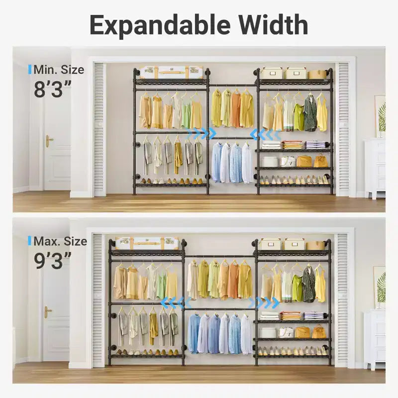 Portant mural Timate F3 Plus, portant à vêtements industriel avec tuyau, portant à vêtements robuste avec étagères et tringles extensibles