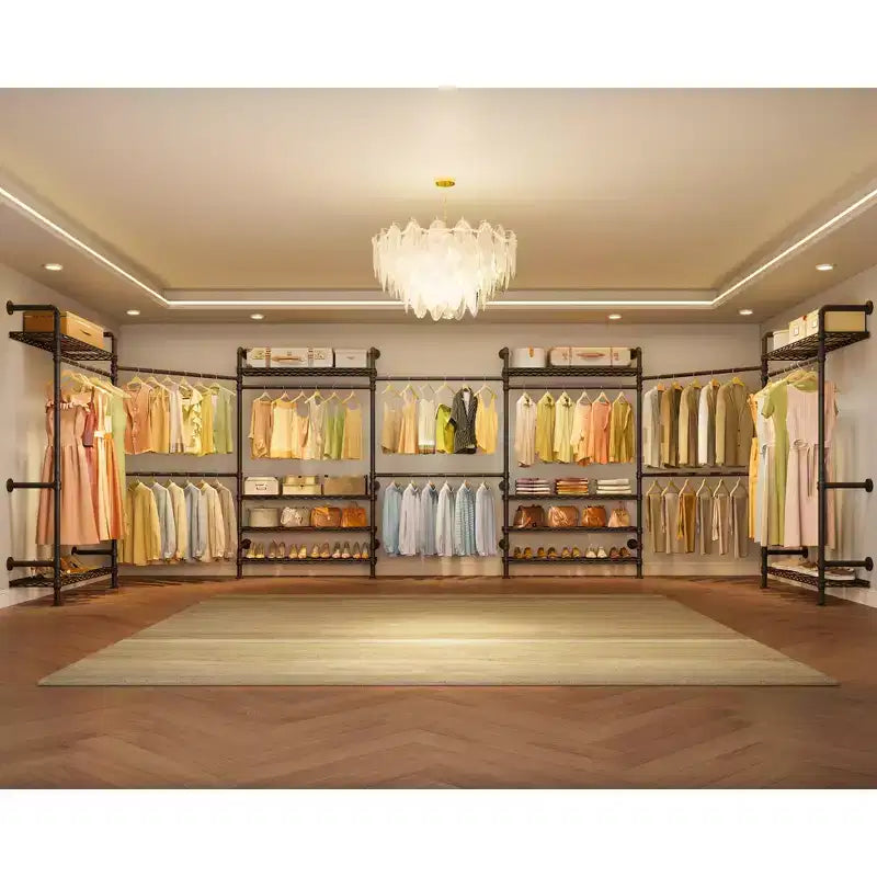Portant mural Timate F3 Plus, portant à vêtements industriel avec tuyau, portant à vêtements robuste avec étagères et tringles extensibles