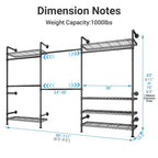 Portant mural Timate F3 Plus, portant à vêtements industriel avec tuyau, portant à vêtements robuste avec étagères et tringles extensibles