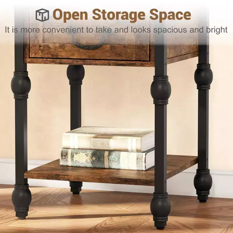 Lot de 2 tables de chevet industrielles avec tiroir et étagère, tables d'appoint à cadre métallique avec plateau en bois, tables d'appoint peu encombrantes pour salon, chambre à coucher