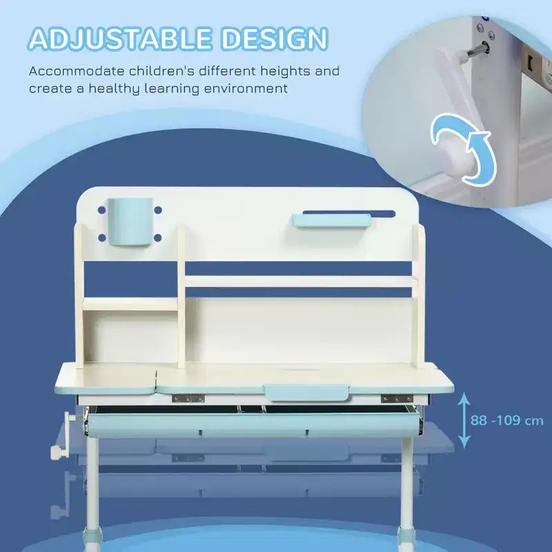 TUYOHW Bureau en bois pour enfants, bureau d'écriture pour enfants avec hauteur réglable et plateau inclinable, étagère de rangement et tiroir, table scolaire pour étudiants de 3 à 12 ans