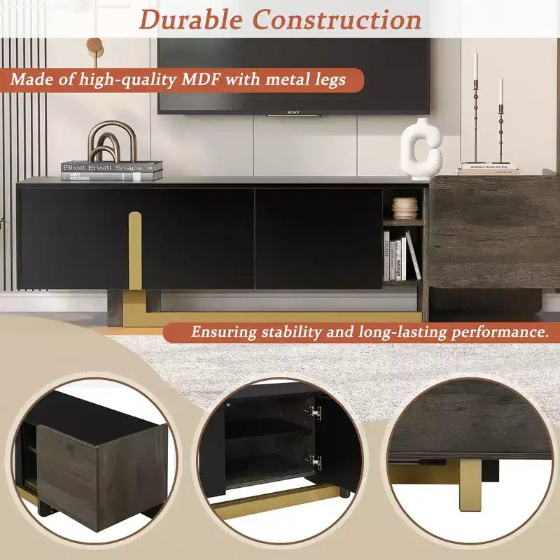 Meuble TV moderne JVNOXK de 170 cm avec 1 tiroir et 2 armoires, étagères réglables, convient aux téléviseurs de 70 pouces et moins pour les salons, Noir