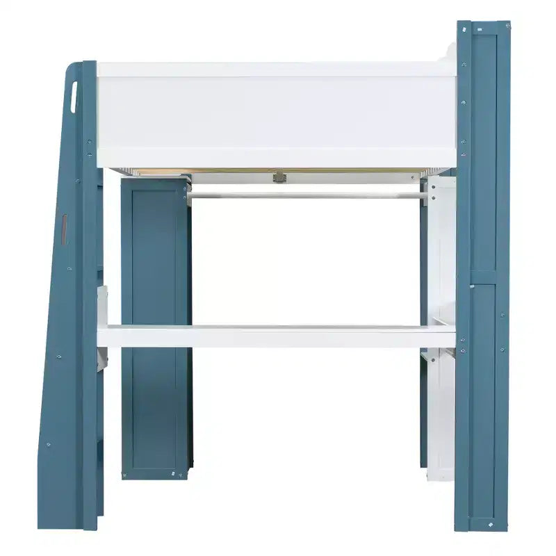 Lit mezzanine double en bois avec étagères de rangement intégrées, tringles à vêtements et bureau, cadre de lit mezzanine en bois avec garde-corps et étagères supérieures
