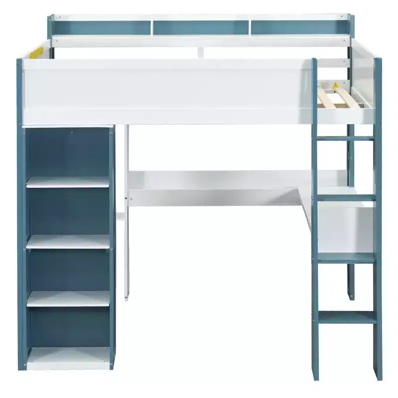 Lit mezzanine double en bois avec étagères de rangement intégrées, tringles à vêtements et bureau, cadre de lit mezzanine en bois avec garde-corps et étagères supérieures