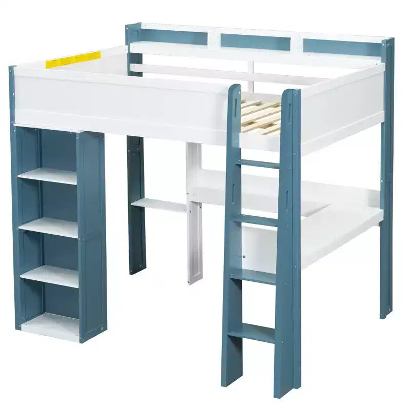 Lit mezzanine double en bois avec étagères de rangement intégrées, tringles à vêtements et bureau, cadre de lit mezzanine en bois avec garde-corps et étagères supérieures