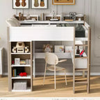 Lit mezzanine double en bois avec étagères de rangement intégrées, tringles à vêtements et bureau, cadre de lit mezzanine en bois avec garde-corps et étagères supérieures